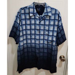 VTG IMPAQ Blue Ombre Plaid Geometric Short Sleeve Button Up Hip Hop Shirt Size M